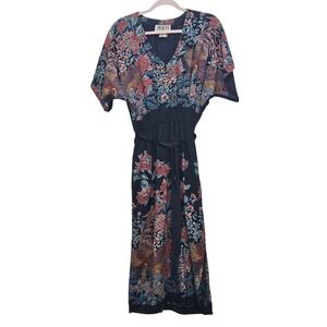 Vintage 80s Oops California Rayon Floral Rooster Midi Dress Navy Dolman Boho 5/6